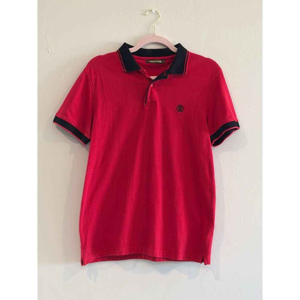 Roberto Cavalli Mens Red Pique Polo Shirt Black Trim Embroidered Logo Large